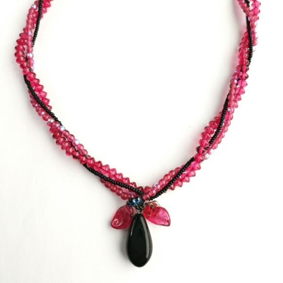 Vintage Czech Glass Bead Necklace raspberry black - Picture 2 of 5